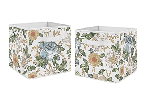 Image of Sweet Jojo Designs Vintage Floral Blue Yellow Foldable Fabric Storage Cube Bins Boxes Organizer Toys - Set of 2 - Slate Green Gold Orange Taupe Beige Shabby Chic Rose Flower Boho Bohemian Farmhouse