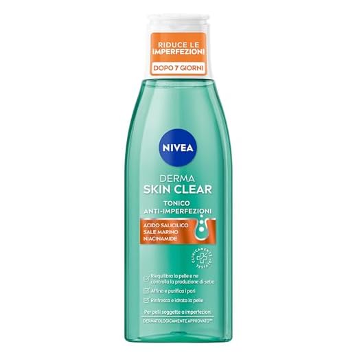 NIVEA Derma Skin Clear Tonico Anti-Imperfezioni 200 ml, Tonico viso pelle grassa e mista con Acido Salicilico, Sale Marino e Niacinamide, Tonico viso riequilibrante per la cura della pelle