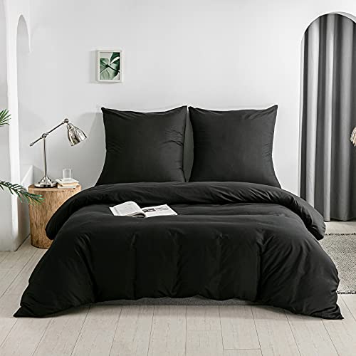Kono DC-2 135 BK - Juego de Funda nórdica de Microfibra cepillada con Cremallera y alzapaños y Fundas de Almohada de 80 x 80 cm con Cierre de Solapa (Negro, 135 x 200 cm + 80 x 80 cm x 1 Pieza)