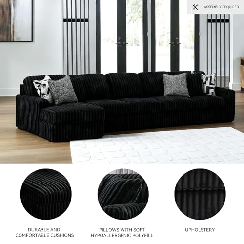 Image of Signature Design by Ashley Midnight‑Madness Sectionals, Jumbo Corduroy Sectional Sofa with Chaise, Plush Cushioned Comfort for Cozy Living Room Lounging, 190 inch W x 65 inch D x 40 inch H, Black
