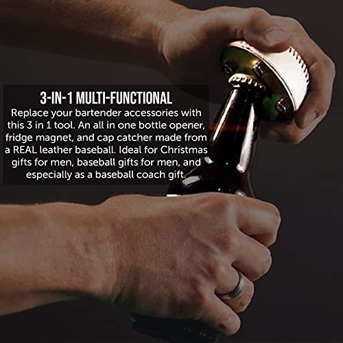 Chicago C Bottle Opener, Beer Bottle Opener Made From Real Baseball's Leather, Magnetic Bottle Opener & Cap Catcher - Cool Gadget For Teens & Present For Men #TOP5