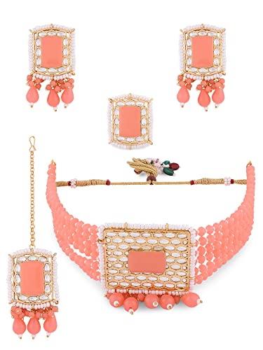 Image of ZAVERI PEARLS Peach Multistrand Beaded Choker Necklace Earring Maangtikka & Ring Set For Women-ZPFK14144