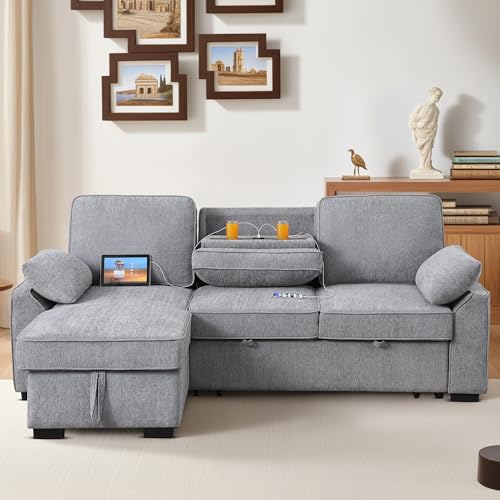 ERYE L-Shaped Pull Out Sleeper Couch Bed, Modern Chenille Upholstered Button Tufted Corner Couch Reversible Sectional Sleeper Sofa Bed W/Storage Chaise, Cup Holders