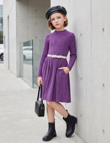 Image of Arshiner Girls Dresses Long Sleeve A Line Knit Sweater Dress with Pockets