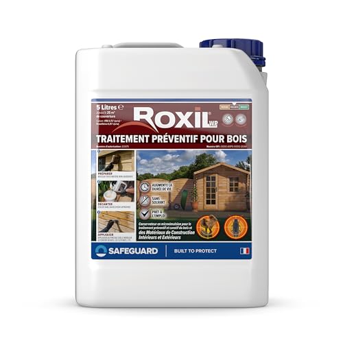 Roxil Lasure Préventive Bois 5L – Incolore - Bois extérieur – Contre Insectes Xylophages & Pourriture – Apprêt Prêt à l’Emploi
