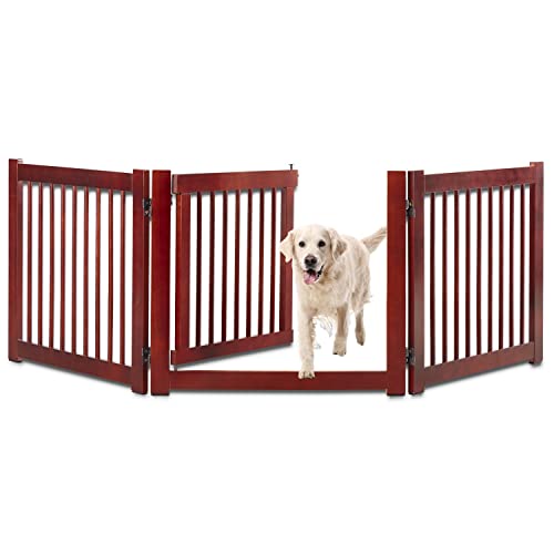 kinbor Wooden Freestanding Pet Gate - 3 Panels Folding Dog Gate, 82 Inch Wide Dog Barrier with Door & Support Feet, Safety Fence for Doorways Stairs - Thumbnail 2