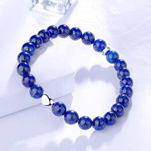 J.Endéar Beaded Bracelets for Womens, 8mm Natural Gemstone Bracelet, Heart Friendship Bracelets with 925 Sterling Silver Heart Charm