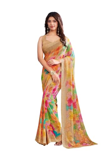 Image of Jaanvi fashion Women's Georgette Saree with Unstitched Blouse Piece