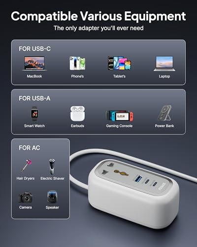 Image of FEDUS 67W GaN Travel Power Adapter Strip Compact Extension Board with USB Ports 4ft Long Retractable Cable Cord, 2 Type C, 1 USB Ports, 2 International Power Sockets, 2500W for Laptop, Home Appliances