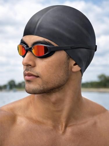 Image of TRAIS Premium Silicone Swimming Cap for Men & Women | Waterproof Stretch Swim Cap for Long & Short Hair | Anti-Slip Comfortable Fit | Black