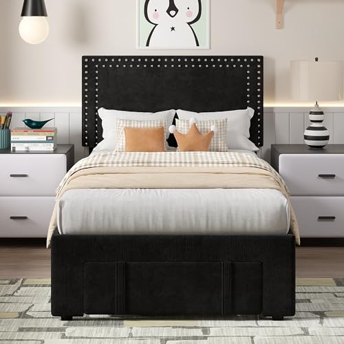 Image of VECELO Twin Size Upholstered Bed Frame with Storage Drawer, Adjustable Velvet Rivet Decor Headboard, Wooden Slats Platform Support, No Box Spring Needed, Easy Assembly,Black