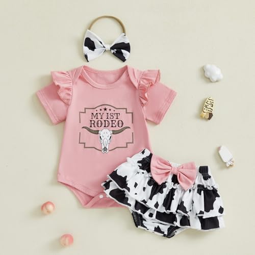 Kayotuas Western Baby Girl Clothes Summer Cowgirl Outfits My First Rodeo Romper Cow Print Bloomer Shorts Headband 3 Piece Set2