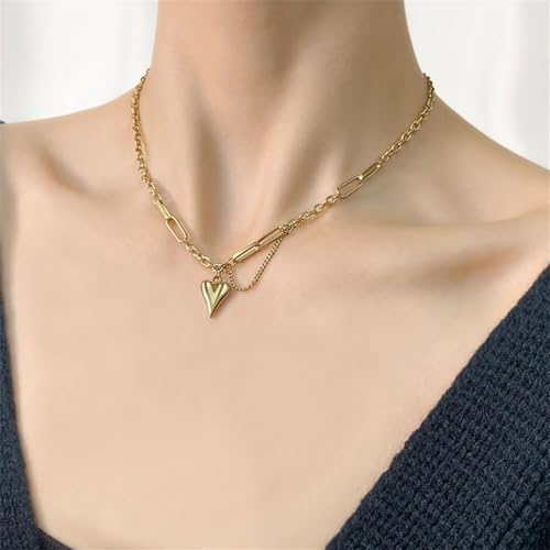 Pivza 14k Gold Heart Necklaces for Women, Dainty Puffy Heart Stainless Steel Silver Choker Necklaces for Women, Uncommon James Paperclip Heart Necklace Aesthetic Jewelry (Gold) - Thumbnail 2