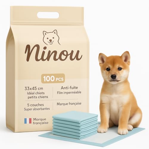 Ninou – 100 Alèses Jetables Chien 33x45 cm | Tapis Propreté Chiot | Ultra Absorbant & Anti-Fuite | Idéal Apprentissage et Dressage | Tapis jetables