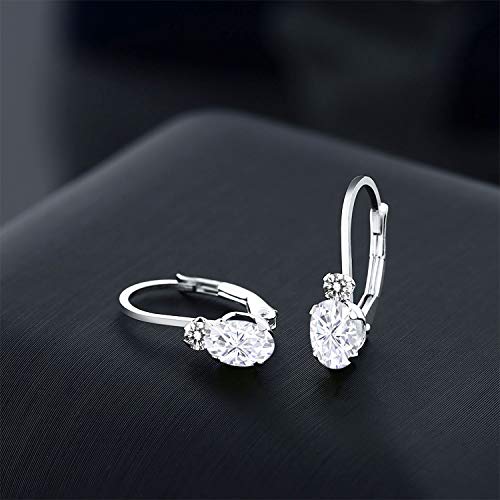Gem Stone King 14K White Gold Moissanite and White Diamond Leverback Earrings For Women | 1.07 Cttw | Gemstone | Oval 6X4MM, Round 2MM | 3/4 Inch4