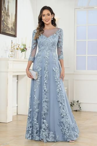 Women's Lace Applique Mother of Bride Dresses for Wedding with Sleeves Tulle Beaded Long Formal Evening Gowns3