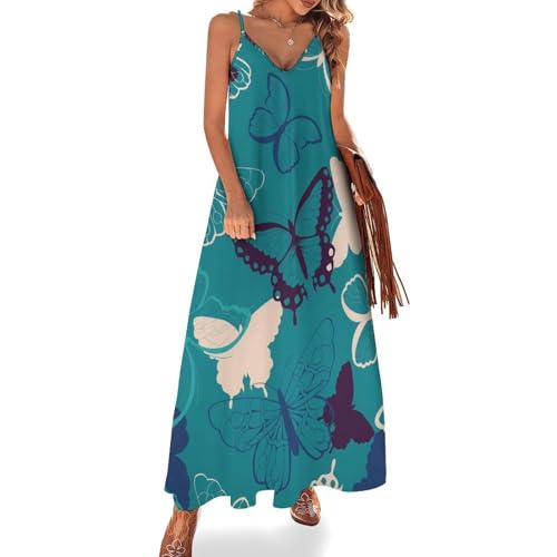 Robe maxi de plage sans manches imprimé papillon vert en tissu ultra fluide spécial été
