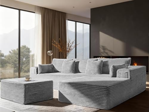 Image of 108 inch Oversized Cloud Sectional Couch, Comfort U Shaped Boneless Couch for Living Room, Extra Deep Seats No Assembly, Modular Sofa, Corduroy (Light Grey, 2 Seater+Right Facing Chaise+Ottoman)