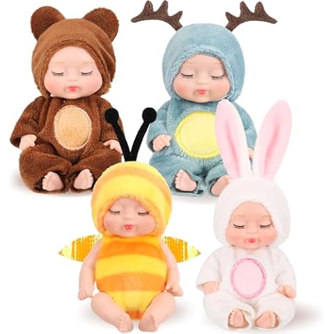 Hanaive 4 Pcs 4 Inch Mini Baby Dolls Lifelike Realistic Baby Dolls Animal Clothes Cute Tiny Babies Gifts for Kids Birthday Baby Shower (Cute Style) Cover