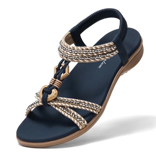 Littleplum Womens Sandals Arch Support Summer Flat Slides Ankle Elastic Walking Shoes Braided Beach Dressy Sandals for Women