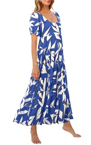 Image of PRETTYGARDEN Puff Short Sleeve Cewneck Floral Long Fall Dresses for Women 2025 Flowy Tiered Hem Maxi Wedding Guest Dress