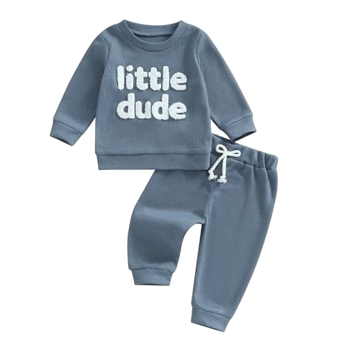 Image of Fall Baby Boy Clothes Mama's Boy Little Dude Embroidered Long Sleeve Sweatshirt Pants Set Waffle Knit Outfit