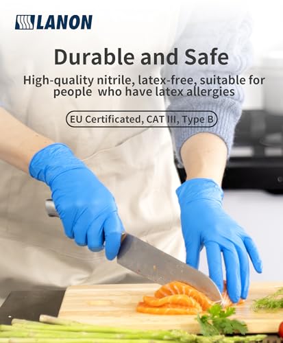 LANON Disposable Nitrile Gloves, Silicone-Free, Food-Safe, Chemical Resistant, Powder-Free, Textured Fingertips, Cooking, Cleaning, Blue, Medium