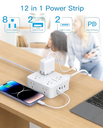 Image of PD 30W USB C Power Strip Surge Protecor, HANYCONY 8 Outlets 4 USB(2 USB C Ports), 1080J Desk Charging Station for Multiple Devices, 10 Ft Flat Plug Extension Cord for College Dorm Room Essentials