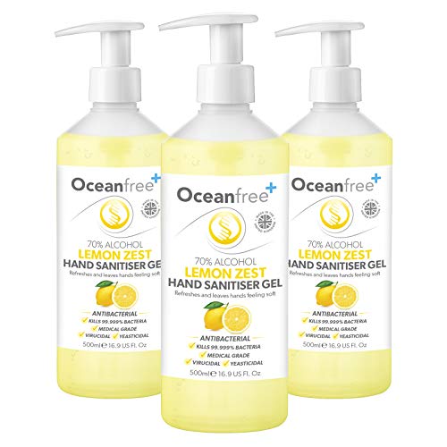 Lemon Zest Hand Sanitiser Gel - 500ml Pump Bottle - 70% Alcohol - Made in the UK (Pack of 3)