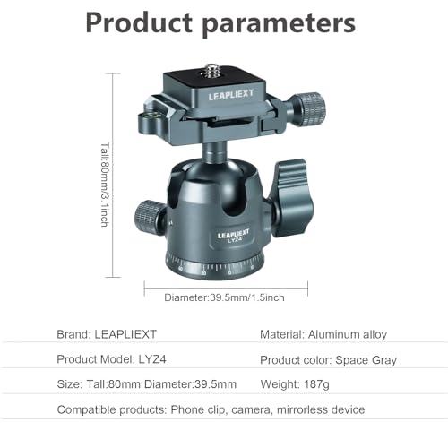 Tripod Head Aluminum Alloy 90° Right Angle Adjustment, Parallel 360° Panoramic Rotation, for Camera Tripod Monopod Mobile Phone and iPad Clip, ACA Quick Release Function, Maximum Weight 10kg/22lbs