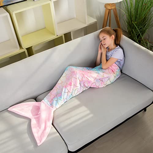 Cosusket B08P11M9J2 Mermaid Tail Blankets Glittering Wearable Cute Cozy Soft Flannel Rainbow Colorful Mermaid Tail Blanket thumb #1