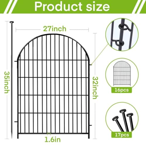 ADAVIN Garden Fence Animal Barrier with Gate 32 in(H)×35 Ft(L) 16 Panels,Rustproof Metal Wire Tall Fencing Border for Dogs Rabbits,Outdoor no dig pet Fences,Black Flower Edging for Yard,Arched — view 2