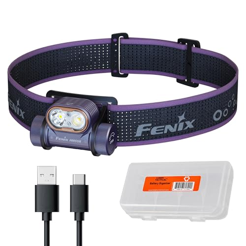 Fenix HM55R Rechargeable Headlamp, 1200 Lumen Spotlight Floodlight & Red Light, Lightweight, Long Runtime, USB-C Charging, Waterproof for Camping, Hiking, Running with Lumentac Organizer (Purple)