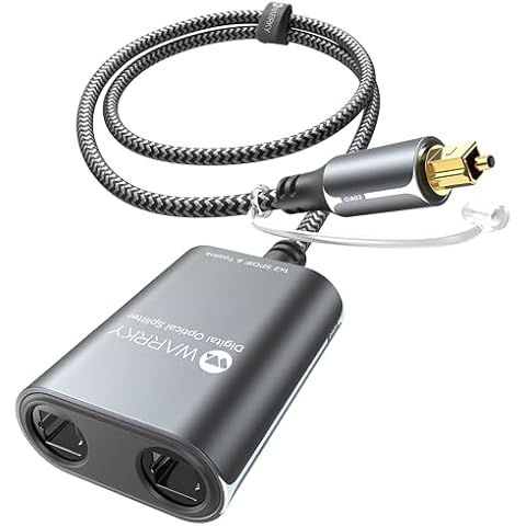 Warrky Digital Optical Splitter, 1 in 2 Out Optical Splitter 2ft [Aluminum Shell, Gold Plated] Toslink Splitter for LPCM 2.0, Dolby, DTS 5.1, Compatible with Soundbar, Headphones, Hearing Aids, TVs Cover