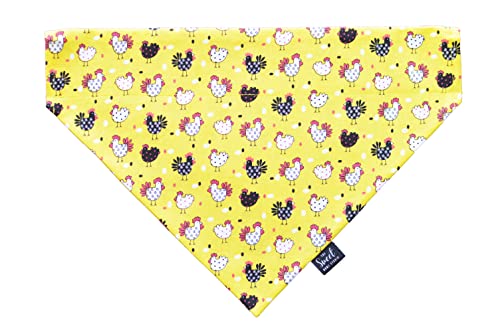 Easter Over the Collar Dog Bandana, Handmade Colorful Spring Holiday Bandana that Attaches to the Collar, Double Layer Durable Cotton Bandana for Small, Medium, Large Dogs, Suitable for Boy and Girl Dogs, Made in the USA (Medium, Chickens)