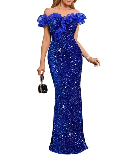 Cololura Women Off Shoulder Ruffles Sparkly Sequin Mermaid Bodycon Evening Party Gown Maxi Dress Blue
