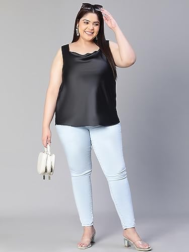 Image of oxolloxo Women Solid Sleeveless Shoulder Strap Cowl Neck Plus Size Satin Top