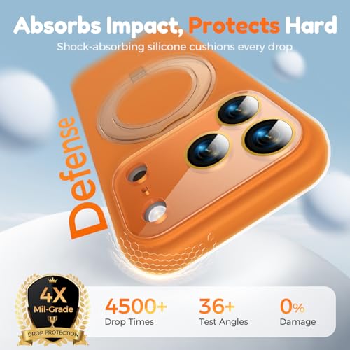 Image of Silicone 360 Spin Magnetic Stand Case for iPhone 17 Pro Max, [Compatible with Mag-Safe][Reinforced Hard Camera Protection] Liquid Silicone Rubber Phone Cover with Ring, Camera Button, Orange