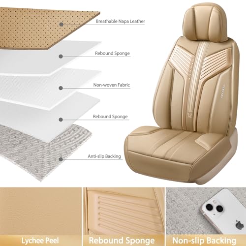 Image of CAR PASS Nappa Leather Seat Covers, Breathable Waterproof Car Seat Covers Full Set, Luxury 3D Sponge Support Full Coverage Seat Protector, Universal Fit SUV Pick-up Truck Sedan Automotive All Beige