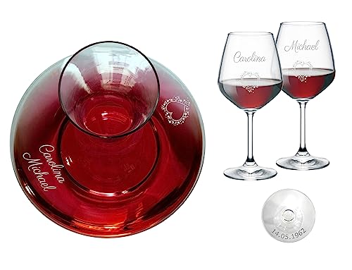 MASTERLASER3.0 Set 2 Bicchieri Vino e Decanter Personalizzati - Calici Vino Rosso e Caraffa Incisi - Personalizzabili con nomi, iniziali e data. Migliore idea regalo (Set Decanter + 2 calici Rosso)