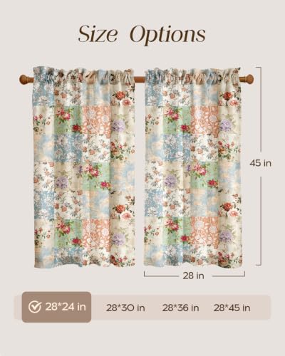 Image of Miss Adola Boho Kitchen Curtains - 45 Inch Length Linen Blend Vintage Floral Cafe Curtains Country Tier Curtain Short Drapes Rod Pocket for Bathroom Living Room Windows Light Filtering, 2 Panels