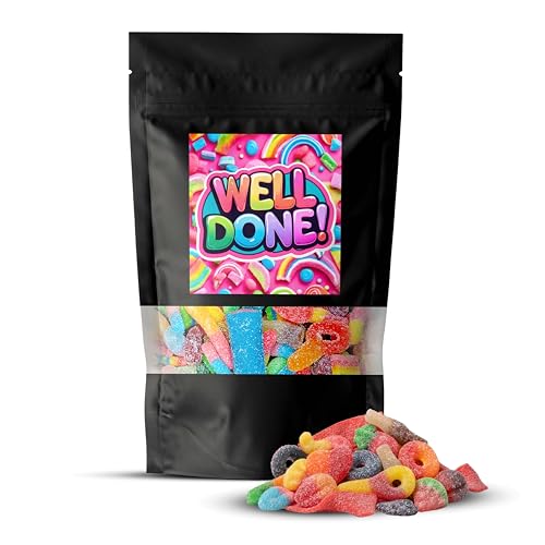 SKVDNTRADE8 Well Done Pick & Mix Sweets 500g Bag Fizzy Gummy Mix of Retro & Sour Variety for Letterbox Friendly Gift for Graduation Exams Achievements Congratulations UK Made Gift (Well Done)