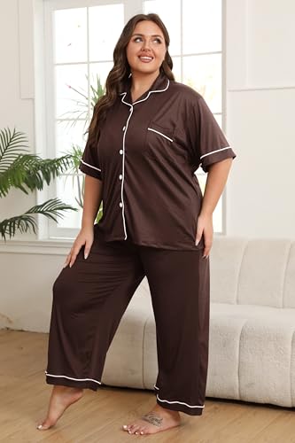 Image of Vozanet Women's Plus Size Pajamas Button Down Shirt and Pants Soft Lounge Sets Bride Nighty Bottom with Pockets 1x to 5x