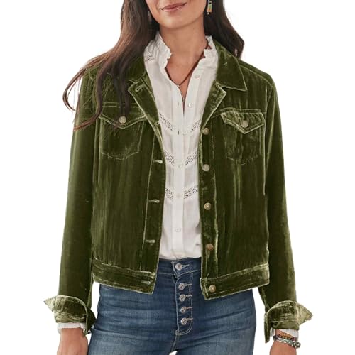 Xaspee Chaquetas de terciopelo recortadas para mujer, manga larga, con botones, para el trabajo, casual, vintage, ropa de abrigo tipo cargo, Verde militar, Small