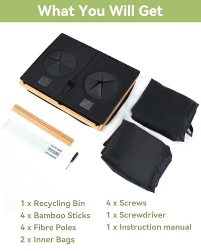 OTraki 140L Recycling Bin for Kitchen, 2 Compartments Large Home Recycle Bin with Lid with 2 Removeable and Reusable Inner Bag for Bottle Can Glass Waste Plastice, Black