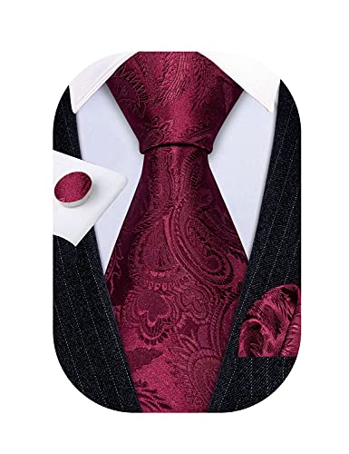 Barry.Wang Burgundy Tie and Pocket Square Set for Men Paisley Necktie Cufflinks Set