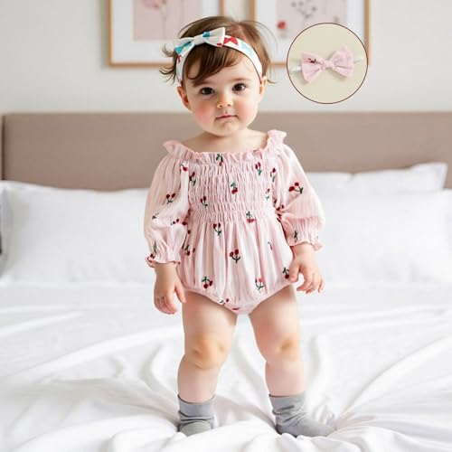 Baby Girl Fall Clothes Newborn Long Sleeve Cherry Smcoked Romper Infant Cute Bubble Onesie Shirt Winter Outfit4