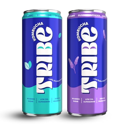 Image of Tribe Kombucha Probiotic Super Drink | Supports Gut Health | Gluten-Free | Naturally Fermented | Super Refreshing | Gut Friendly | Improves Blood Sugar | Antioxidant and Hydration | No Added Sugar |250 ML X 2 (OG CLASSIC + BUSSIN LAVENDER)