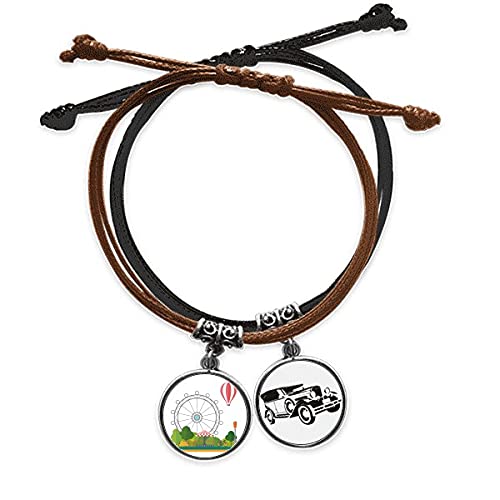 Bracelet Grande Roue et cordon cuir pour parc d'attractions avec breloque ballon et minibus