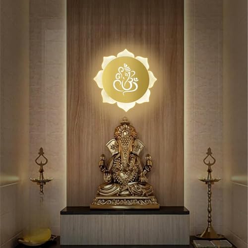 Image of Flower Ganpati LED Wall Light - Gold & Frosted Acrylic | Ideal for Temple, Living Room, Bedroom, Pooja Room, Mandir & Shops - (1 Pack)